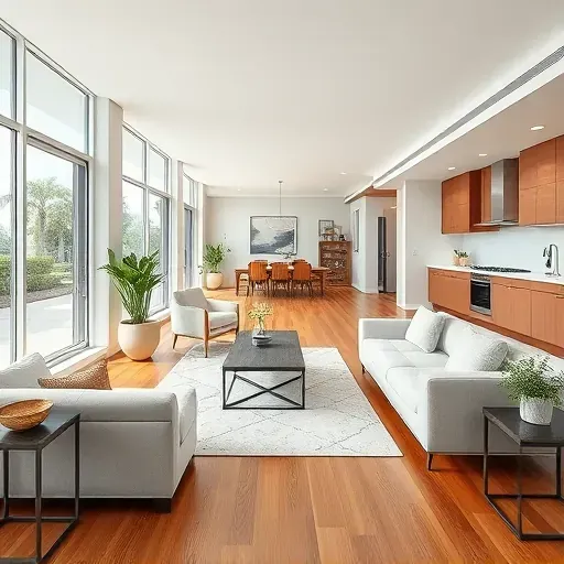 Modern renovated living room with large windows, hardwood floors, minimalist decor, and a view of stylish open-concept kitchen