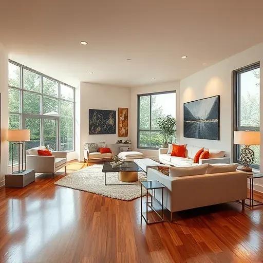 Spacious modern living room remodel in Pembroke Pines FL with sleek furniture, stylish decor, and warm lighting.