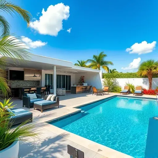Modern outdoor living space in Fort Lauderdale Beach featuring sleek patio, outdoor kitchen, and clear swimming pool.
