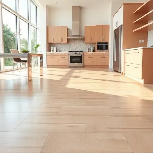 Freshly renovated modern kitchen with flawless tile or hardwood flooring, sleek countertops, stainless steel appliances, and natural light