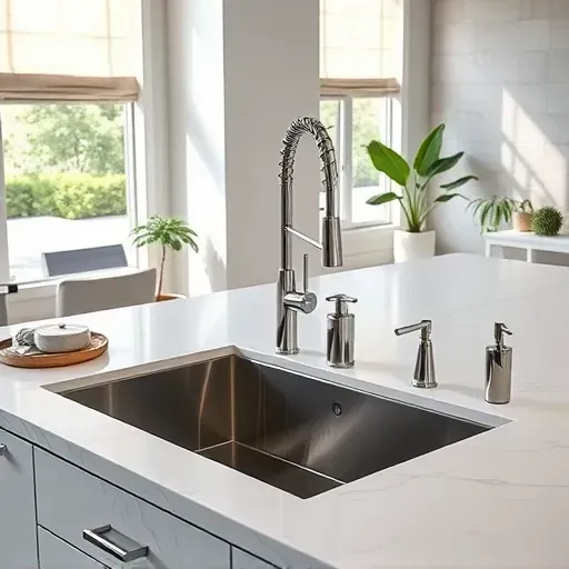 Freshly installed farmhouse stainless-steel sink in a modern Coral Springs upscale kitchen with marble countertops and elegant fixtures