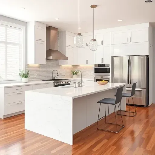 Renovated kitchen in Coral Springs FL with sleek white cabinetry, marble island, modern lighting, and warm hardwood flooring.
