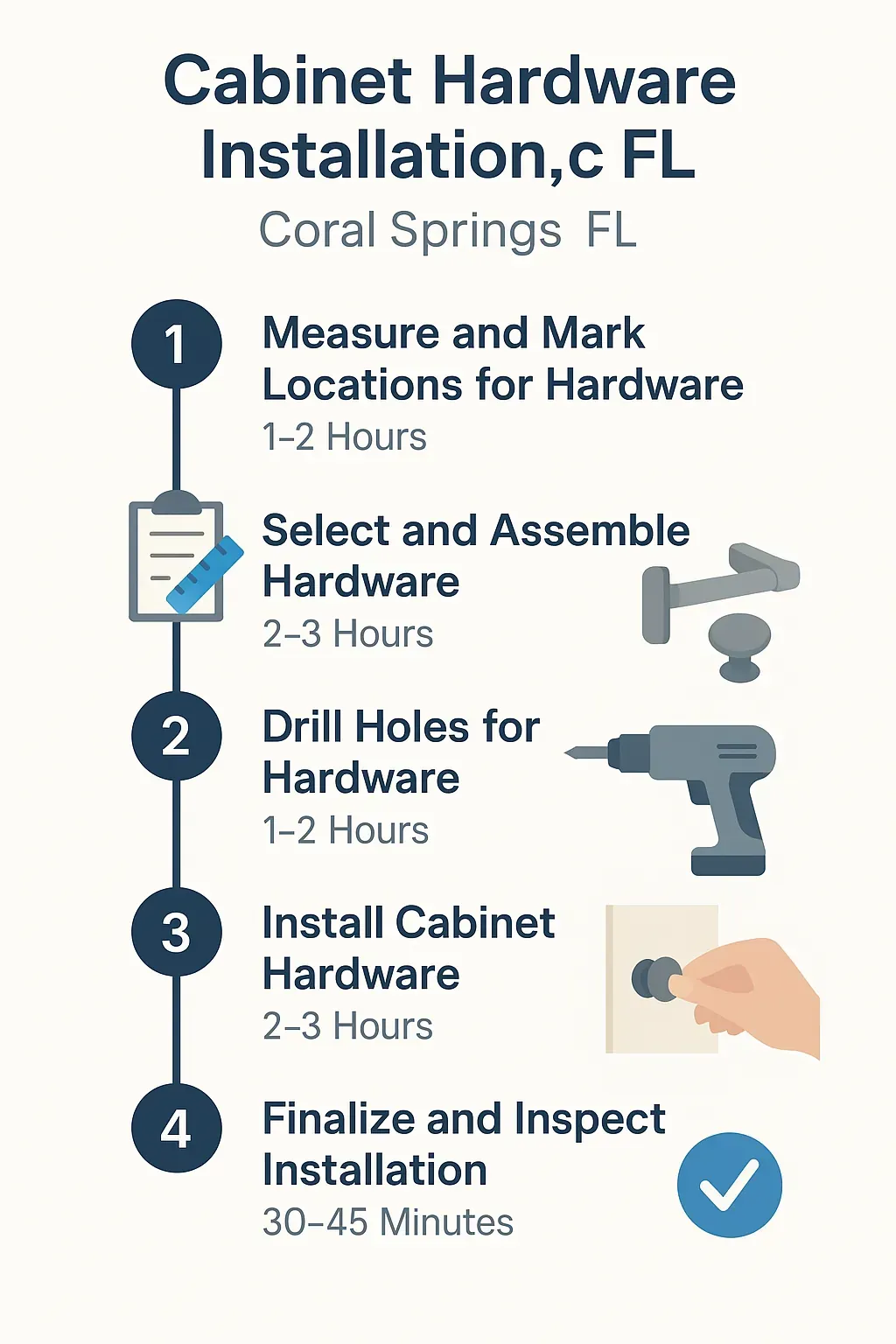Infographic showcasing a five-step cabinet hardware installation timeline for Coral Springs FL with clear visuals and minimal text.