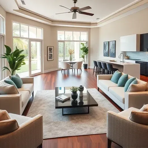 Modern Boca Raton living room with elegant furniture, large windows, hardwood floors, and stylish decor accents.