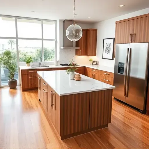 Remodeled kitchen in Coral Springs FL with modern design, high-end appliances, marble countertops, and hardwood floors.