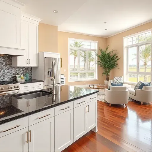 Beautiful Delray Beach kitchen remodel featuring sleek white cabinetry, dark granite countertops, and coastal tile accents.