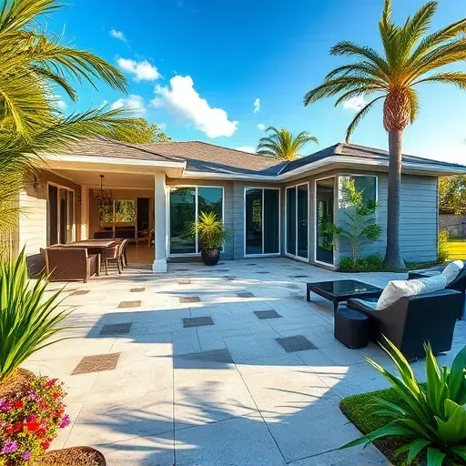 Beautiful Coral Springs backyard with stone patio, covered outdoor living area, lush landscaping, upgraded home exterior, and warm lighting