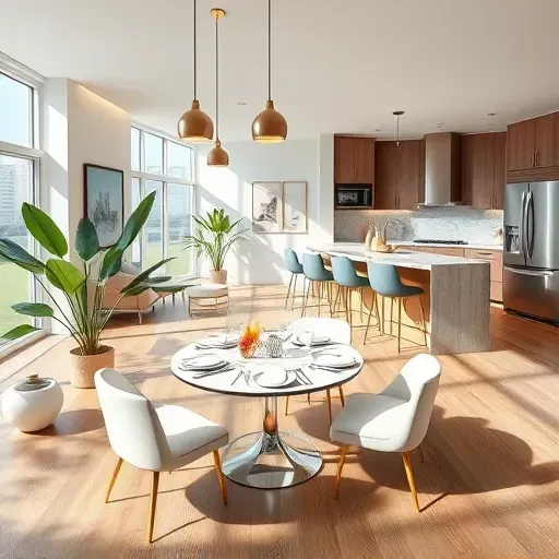 Modern open-concept living space in Dania Beach with neutral furniture, indoor plants, and a stylish kitchen.