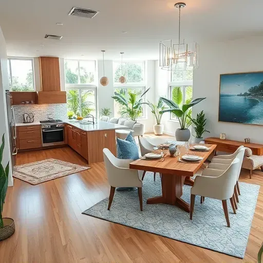 Remodeled North Miami living space features open layout, modern decor, hardwood floors, and vibrant coastal accents.