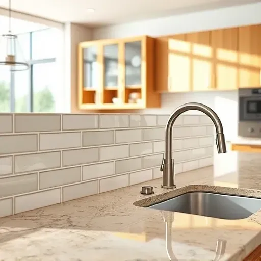 Close-up of a polished subway tile backsplash in a modern kitchen with granite counters stainless steel faucet and warm wood cabinets