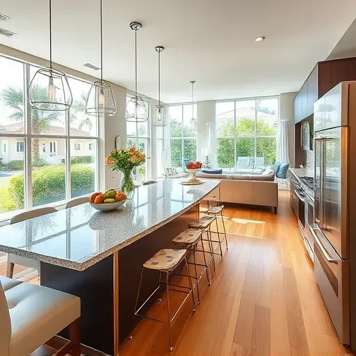 Stunning remodeled interior in Pompano Beach with open layout, granite kitchen, pendant lights, and coastal decor.