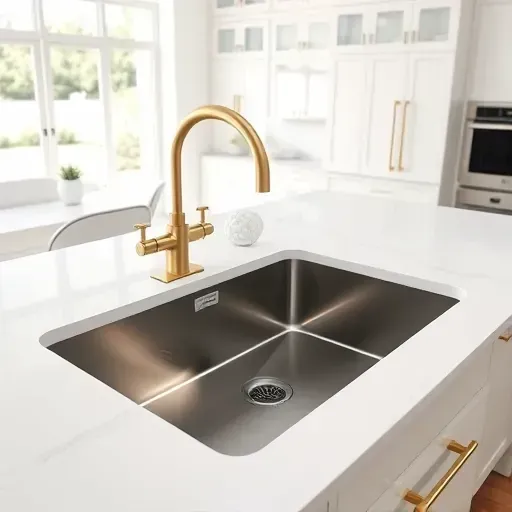 Farmhouse stainless steel sink with brass fixtures in a modern Coral Springs kitchen with white quartz countertops and large windows