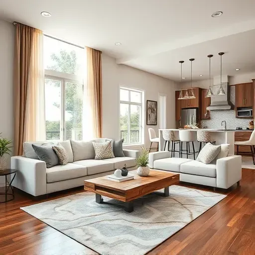 Remodeled living room in Davie FL featuring modern furniture, large windows, and an open-concept kitchen design.