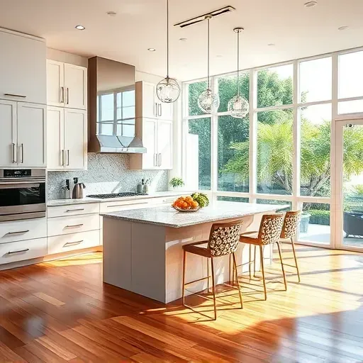 Modern Miami kitchen remodel featuring sleek cabinetry, granite counters, and abundant natural light through large windows.
