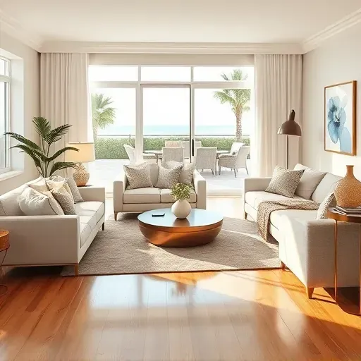 Coastal living room in Deerfield Beach FL featuring modern furniture, polished floors, and bright natural light.