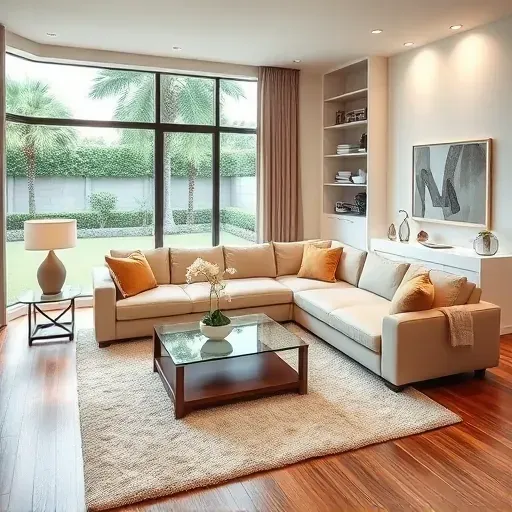 Modern living room in Pembroke Pines FL featuring elegant decor, natural light, and inviting colors with plush furnishings.