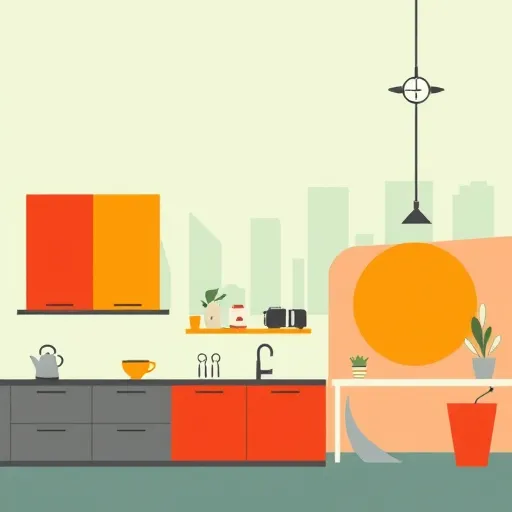 A sleek, minimalist kitchen scene inspired by Bauhaus design, featuring bold geometric shapes and vibrant color blocks. In the foreground, stylized abstract representations of different kitchen layouts include a U-shape composed of overlapping terracotta and teal rectangles, an L-shape with zigzag patterns in mustard yellow and grey, a galley layout illustrated by two parallel crimson lines with whimsical icons like a kettle, toaster, and spice jar, and a circular orange island symbolizing social interaction. The background showcases a split scene with a pale mint green sky blending into a stylized cityscape of simplified Bauhaus-inspired buildings in muted shades. Quirky details such as an abstract clock with exaggerated arms, a floating spatula, and an angular potted plant add playful personality. The overall art emphasizes Bauhaus principles with flat planes, simplified forms, and functional design, using a balanced color palette of muted pastels and vibrant accents to evoke creative energy and clarity, ideal for a blog cover on stylish, functional kitchen solutions.