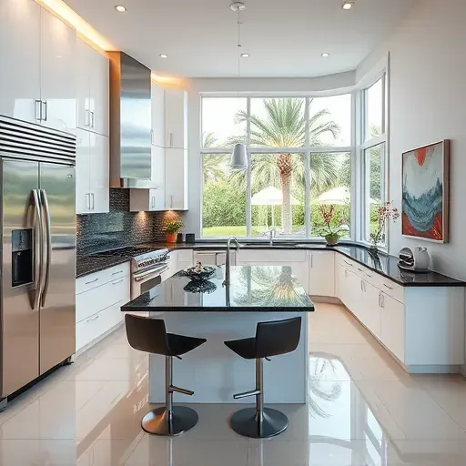 Modern Jupiter FL kitchen remodel with white cabinetry, dark granite countertops, and stainless steel appliances.