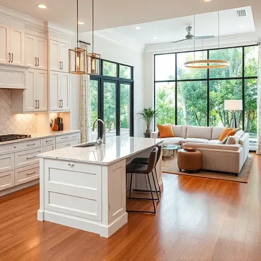 Remodeled kitchen and living space in Palm Beach Gardens with custom cabinetry, marble countertops, and natural lighting.