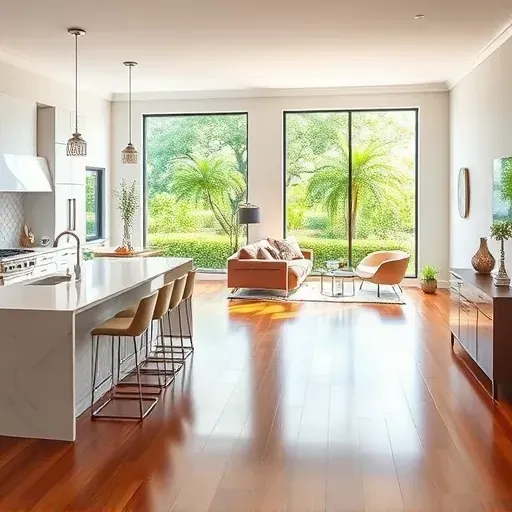 Modern Pembroke Pines kitchen with marble countertops, elegant cabinetry, ambient lighting, and open living area.
