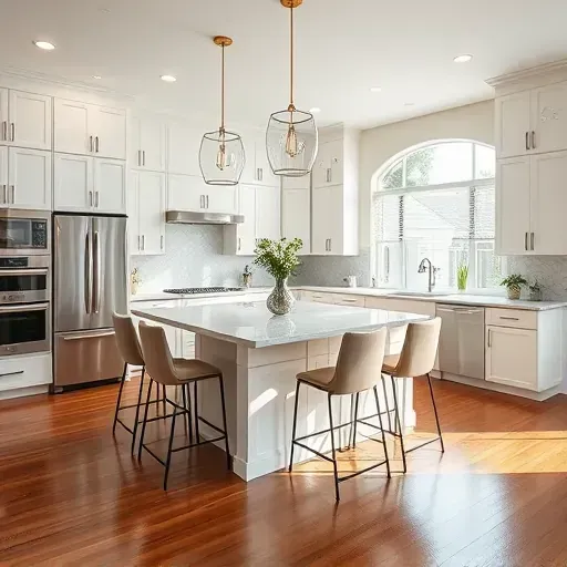 Modern elegant kitchen remodel in Davie FL with white cabinetry, quartz island, stainless appliances, and inviting decor.