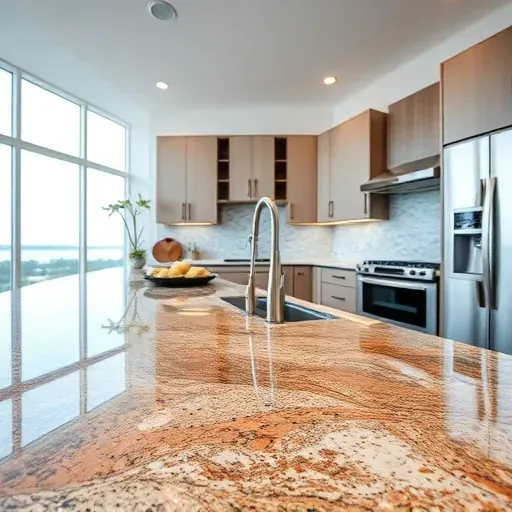 Beautiful polished granite kitchen countertop with natural patterns, modern cabinetry, stainless steel appliances, and bright natural light