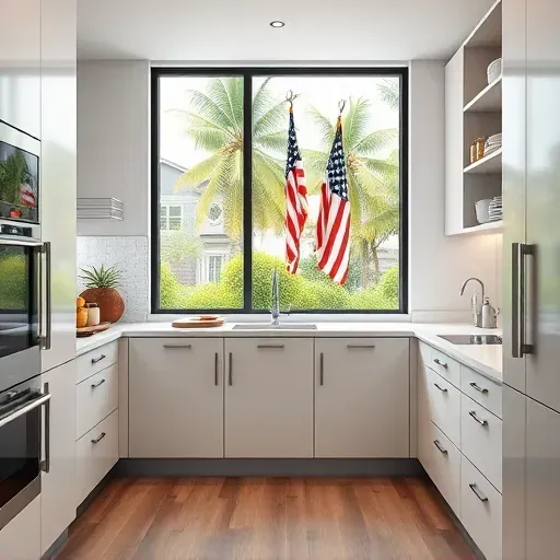 Modern organized kitchen with sleek cabinets, open shelves, natural light, lush greenery outside, and polished hardwood flooring
