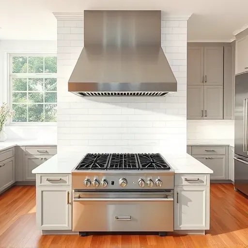 Modern kitchen in Coral Springs FL with stainless steel range hood over black gas cooktop, marble countertops, subway tile backsplash and hardwood flooring