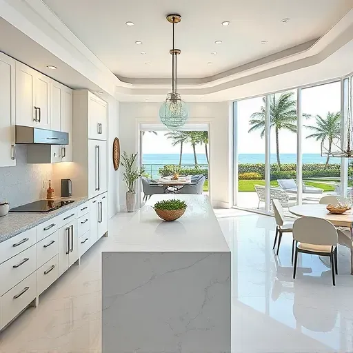 Modern Key Biscayne kitchen remodel with sleek appliances, marble island, and spacious open layout featuring tropical accents.