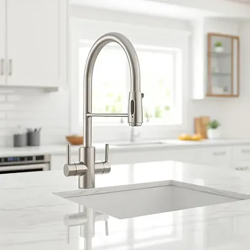 Modern stainless steel kitchen faucet installed in a sleek kitchen with granite countertop, subway tile backsplash, and natural light