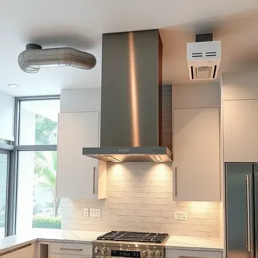 Modern kitchen with stainless steel range hoods, integrated ventilation ducts, granite countertops, minimalist cabinetry, and natural light.