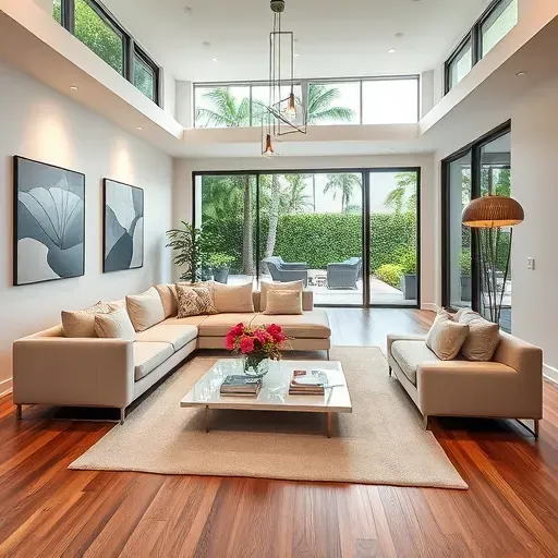 Flawlessly remodeled Miami-Dade living room features elegant design, spacious layout, and greenery for a sophisticated atmosphere.