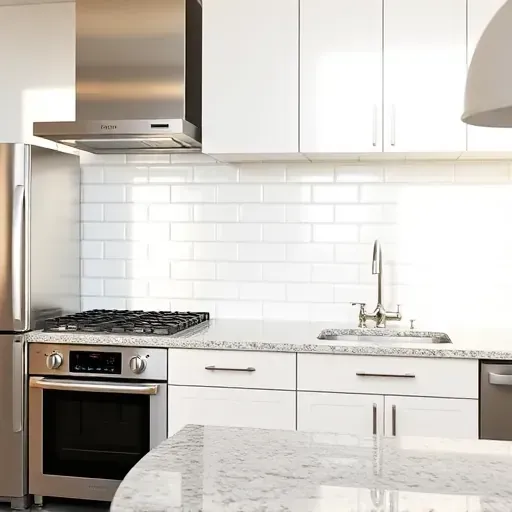 Freshly installed glossy white subway tile backsplash in a modern Coral Springs kitchen with granite countertops and stainless steel appliances