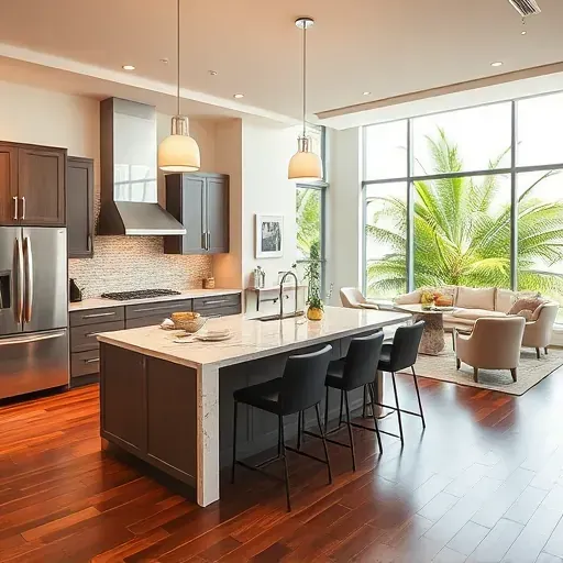 Modern Palm Beach Gardens kitchen with high-end appliances, granite island, and elegant lighting in a cozy open space.