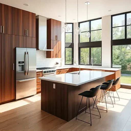 Modern kitchen remodel in Lake Worth, FL with walnut cabinetry, quartz island, stainless steel appliances, and natural light.