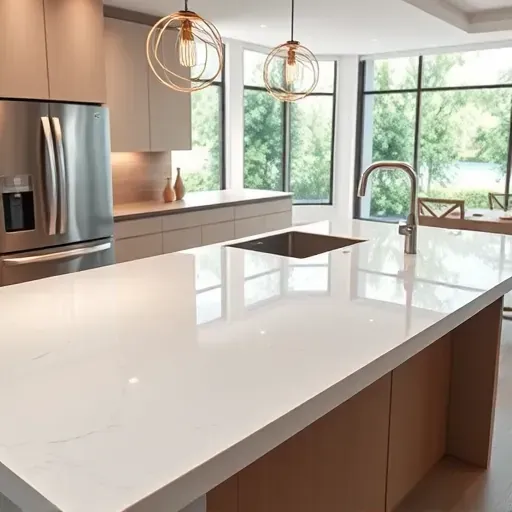 Freshly installed high-end quartz kitchen countertop in Coral Springs Florida with sleek veining, polished finish, and modern design
