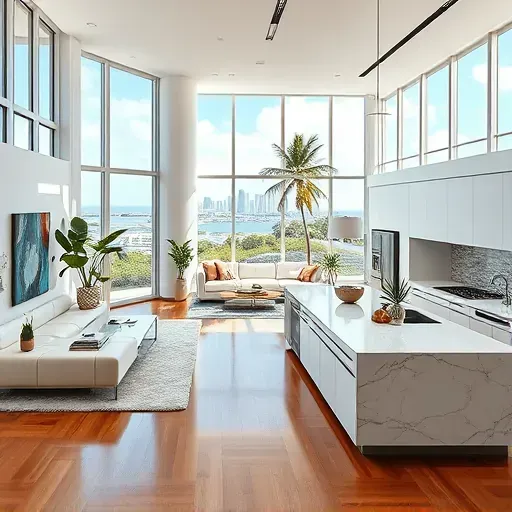 Modern interior remodeling in South Beach featuring sleek furniture, tropical plants, and a view of the skyline.