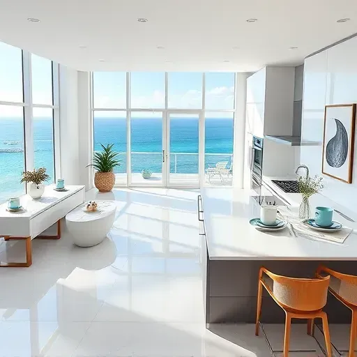 Modern Key Biscayne kitchen with sleek cabinetry, quartz counters, ocean views, and coastal decor. A bright, inviting atmosphere.