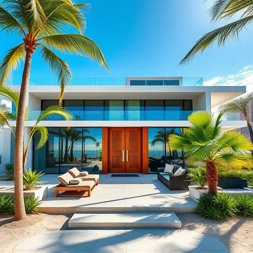Completed coastal home remodel in Fort Lauderdale Beach features modern architecture, lush landscaping, and inviting patio.