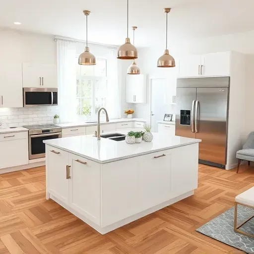 Modern remodeled Coral Springs kitchen with white cabinetry, quartz island, stainless appliances, hardwood floors and natural light