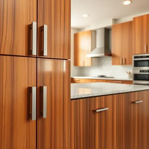 Modern kitchen in Coral Springs featuring sleek brushed nickel cabinet handles and knobs on warm-stained custom wood cabinets, illuminated by natural light.