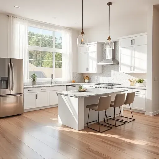 Modern kitchen remodel in Coral Springs FL featuring elegant granite island, stainless steel appliances, and natural light.