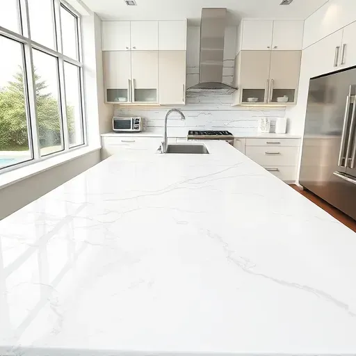 Freshly installed white gray beige quartz countertop in a modern Coral Springs kitchen with stainless steel appliances and natural light