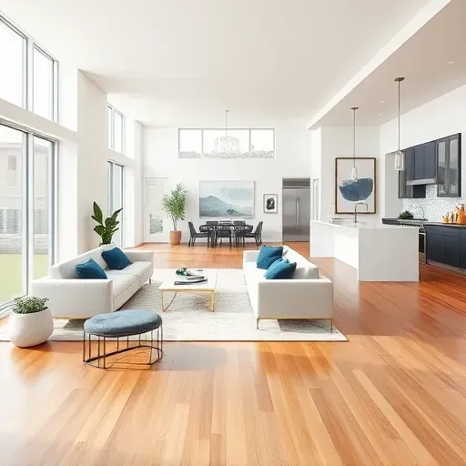 Modern open-concept living space in Hollywood, FL featuring hardwood floors, large windows, and elegant decor.