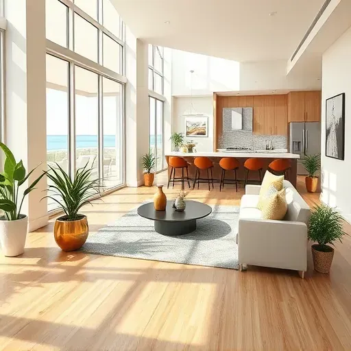 Contemporary Pompano Beach living room with large windows, stylish furnishings, and polished wooden accents.