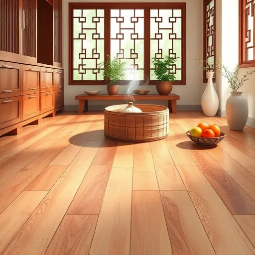 A tranquil and elegant scene of hardwood kitchen flooring styled in ChineseBrushPainting, featuring intricately detailed maple wood planks with warm hues and natural grain patterns. The surrounding cozy kitchen includes traditional lacquered cabinetry, a cheerful herb garden in ceramic pots, and a whimsical bamboo steamer basket with curling steam, adding a playful touch. Nearby are a classic teapot and a bowl of colorful fruits like apples and oranges, rendered in watercolor shades that complement the warm tones of the floor. Softly rendered Chinese lattice windows in the background allow gentle sunlight to cast delicate shadows, highlighting the texture and natural beauty of the hardwood surface. The scene blends sophistication with charm, evoking a warm, inviting atmosphere with a subtle humorous twist, embodying the artistic elegance of ChineseBrushPainting style and the timeless appeal of hardwood flooring in a home kitchen.