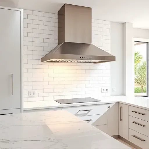 Recently completed stainless steel kitchen range hood installation in Coral Springs FL with marble countertops white subway tiles and modern cabinetry