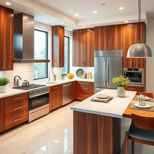 Modern renovated kitchen in Kendall, FL features wood cabinetry, quartz countertops, and stainless steel appliances.