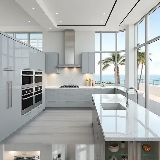 Modern Miami Beach kitchen remodel featuring sleek cabinetry, marble island, high-end appliances, and natural light.