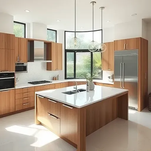 Modern kitchen with quartz countertops, stainless steel appliances, wooden cabinetry, pendant lighting, and natural sunlight in Coral Springs